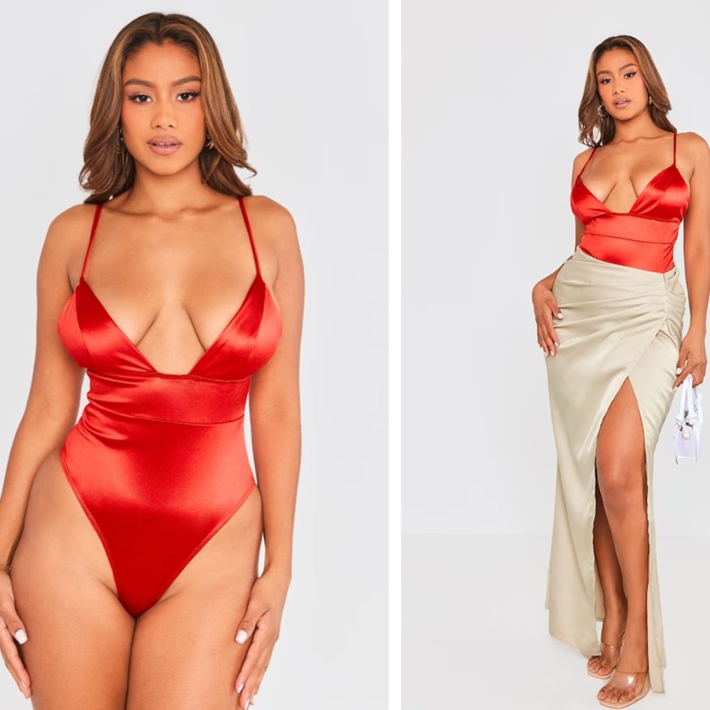 PRETTY LITTLE THING Red Satin Plunge Bodysuit